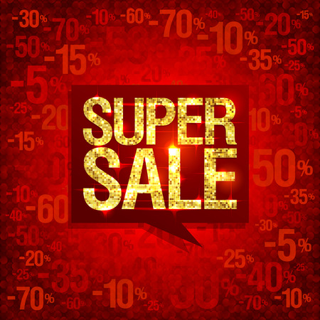 Chic golden super sale poster design, bright red fashion backdrop with discounts, red speech bubbleのイラスト素材