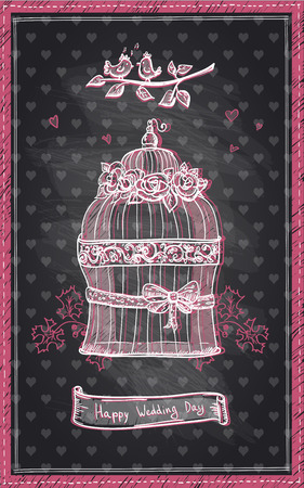 Happy wedding day chalkboard design, hand drawn cute graphic invitationのイラスト素材
