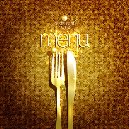 Stylish expensive restaurant menu card design mock up with golden fork and knife against gold sparkle backdropのイラスト素材