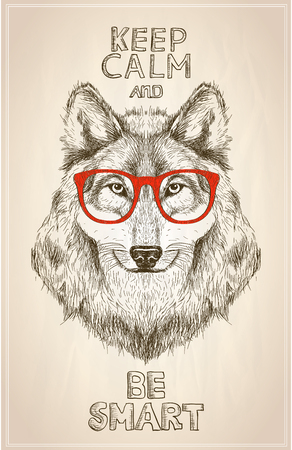 Hipster wolf portrait with glasses, hand drawn graphic illustartion. Keep calm and be smart quote cardのイラスト素材
