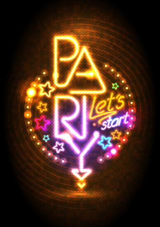 Let`s start party design mock up, neon lights vibrant style signboard, cocktail party posterのイラスト素材
