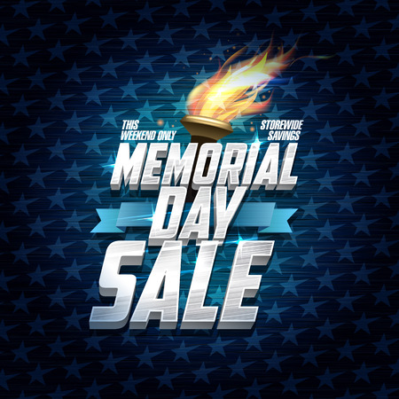 Advertising memorial day sale design, storewide savings, classic backdrop with stars, ribbon and torch fireのイラスト素材