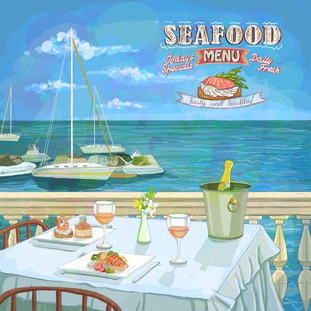 Seafood menu hand drawn illustration, served restaurant table for two on the sea beach, against seascape with yachtsのイラスト素材