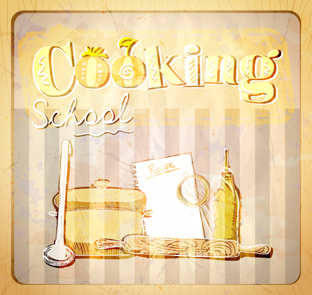 Cooking school hand drawn graphic illustration with utensils, vintage styleのイラスト素材
