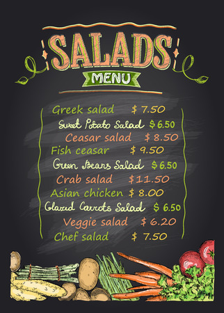 Salads menu list chalkboard design with assorted vegetables, hand drawn illustration with copy spaceのイラスト素材