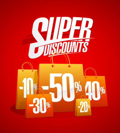 Super discounts sale poster with paper shopping bags, clearance coupon vector designのイラスト素材