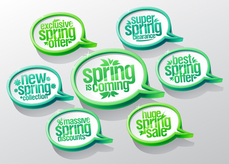 Spring is coming speech bubbles set, new spring collection, super clearance, best offer, mega savings, massive discounts, huge saleのイラスト素材
