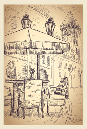 Street cafe in old town graphic sketch vector illustration on a paperのイラスト素材