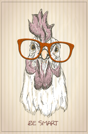Hen or rooster graphic portrait, front view, vintage style illustrationのイラスト素材