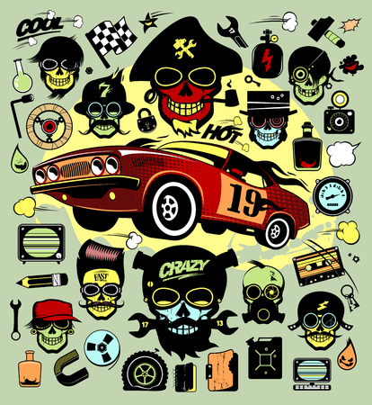 Set of icons and symbols with race car, hipsers, music symbols etc.のイラスト素材
