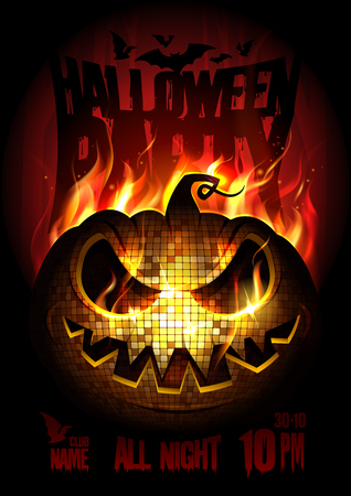 Halloween party poster design concept with burning angry pumpkin, fire flame, copy space for textのイラスト素材
