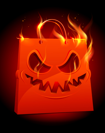 Burning scary red paper bag, halloween sale vector poster conceptのイラスト素材