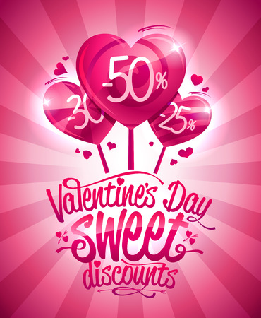 Valentine`s day sweet discounts sale poster design, heart shaped candiesのイラスト素材