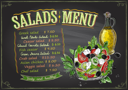 Salads menu chalkboard design concept, hand drawn illustration with greek salad and olive oilのイラスト素材