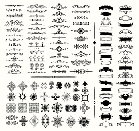 Graphic elements, dividers and monogram, frames, ribbons, hand drawn vector illustrationのイラスト素材