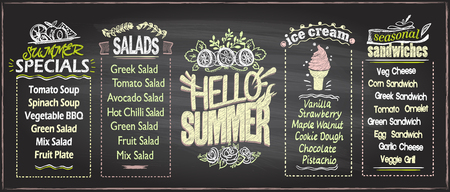 Summer menu chalkboard design concept, set of hand drawn summer seasonal menu boards, copy space for textのイラスト素材