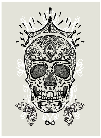 Hand drawn ornamental decorated skull, sugar skull with crown, vector illustrationのイラスト素材