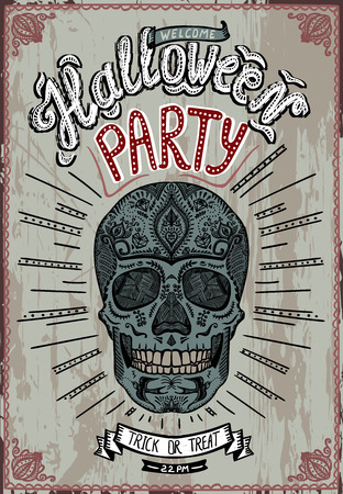 Halloween party poster with hand drawn skull, vintage styleのイラスト素材
