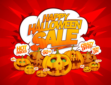 Happy halloween sale banner with talking pumpkins crowd, speech bubbles - crazy offer, hot prices, etc.のイラスト素材