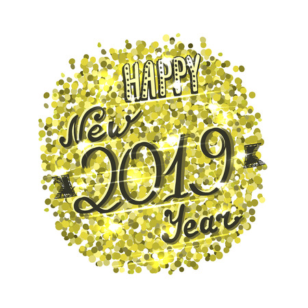 Happy new 2019 year card, golden sparkles and hand written lettering, vector illustrationのイラスト素材