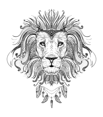 Graphic poster with lion king dressed in boho style feathers necklace, front view portrait, hand drawn vector illustration, t-shirt designのイラスト素材