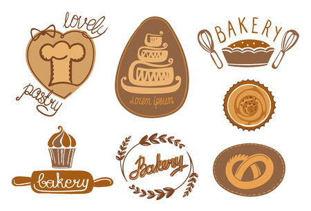 Bakery and pastry logos collection, hand drawn vector illustrationのイラスト素材