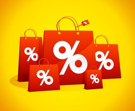 Discounts sale poster with red paper shopping bags and percent symbols against vibrant yellow backdropのイラスト素材