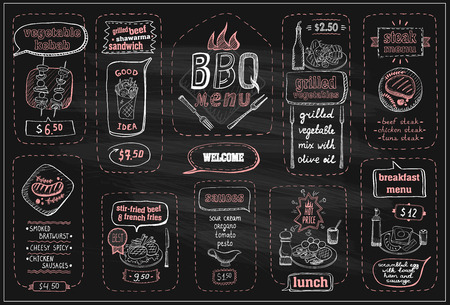 Chalkboard barbecue menu, beef steaks, sausages, lunch, breakfast and sauces, etc. Blackboard chalk menu display set for cafe or restaurant.のイラスト素材
