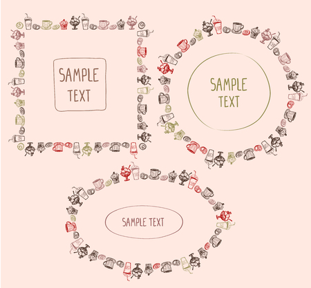Pastry frames set - square, round and oval frames collection decorated assorted bakery and drinksのイラスト素材