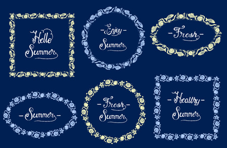 Sea style frames set - square, round and oval frames collection, decorated ocean symbols - shell, seaweed, fish, crab and starfish. Summer quote cards set.のイラスト素材