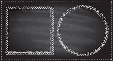 Simple doodle frames set on a chalkboard, marine style with ropes. Square and round empty frames.のイラスト素材