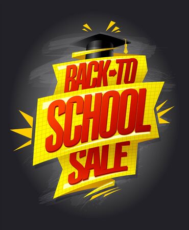 Back to school sale vector poster design with chalkboard, graduation cap and golden ribbonのイラスト素材