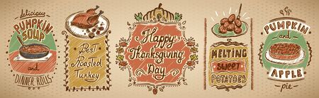 Happy thanksgiving day holiday menu board with classic dishes set - pumpkin and apple pie, roasted turkey, pumpkin soup and sweet potatoのイラスト素材