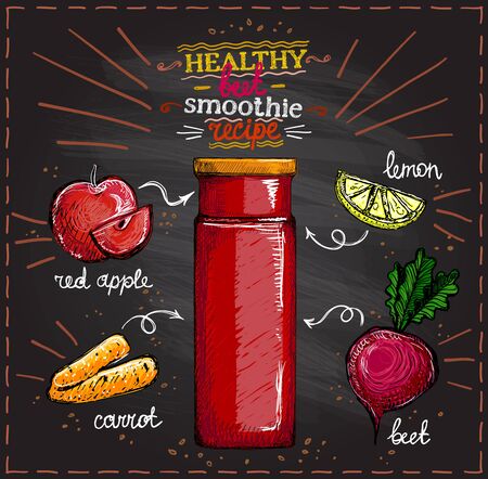 Healthy beet smoothie recipe on a chalkboard, vegetarian smoothie menu with ingredients, vegetables set sketch hand drawn graphic illustrationのイラスト素材