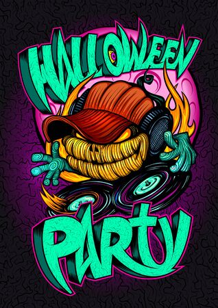 Halloween party poster, invitation card or web banner with scary dj pumpkin head and vinylのイラスト素材