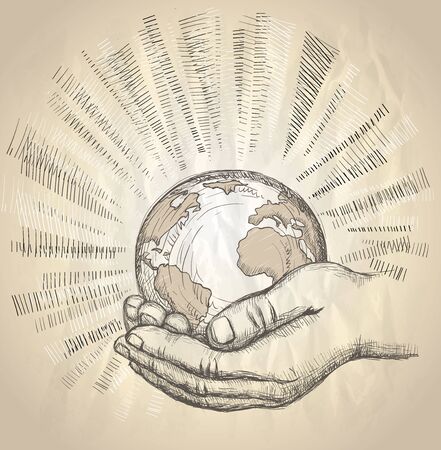 Human hands holding earth with plant sprout, vector hand drawn graphic illustration, save the planet, organic farming conceptのイラスト素材