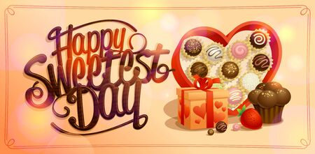 Happy sweetest day banner with box of chocolates, vector design conceptのイラスト素材