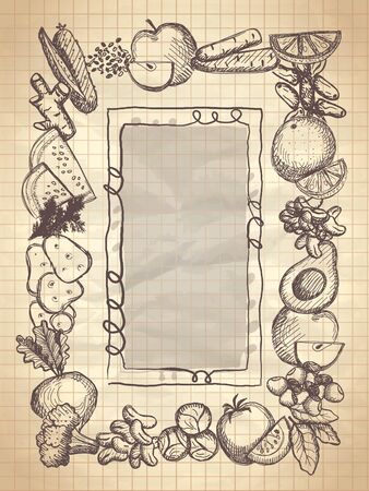 Graphic frame with assorted vegetables and fruits, vector illustrationのイラスト素材