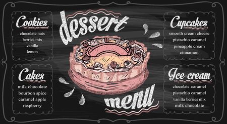 Chalk dessert menu template on a chalkboard - cupcakes, cakes, ice-cream and cookies. Hand drawn vector graphic illustrationのイラスト素材