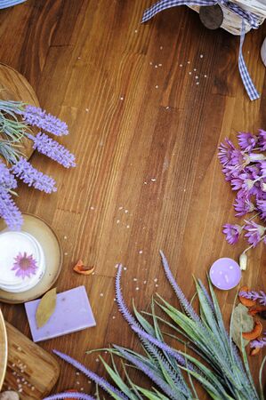 Natural cosmetics mockup background, hand made soap with lavenderの写真素材
