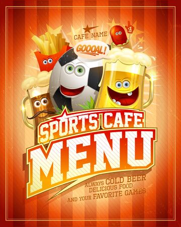 Sports cafe menu cover design with football ball and funny food personages - beer mugs, french fries and hot dog, vector illustrationのイラスト素材