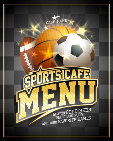 Sports cafe menu card design template with football, basketball and rugby balls, golden lettering and shiny stars elementsのイラスト素材