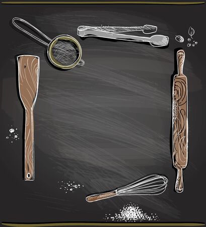Chalkboard background with kitchen utensils as a frame, empty space for text, vector illustrationのイラスト素材