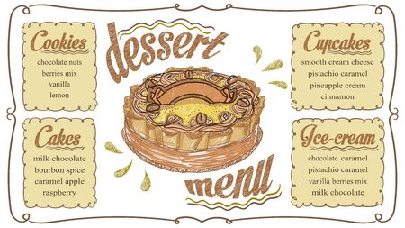 Dessert menu template - cupcakes, cakes, ice-cream and cookies, hand drawn vector graphic illustrationのイラスト素材