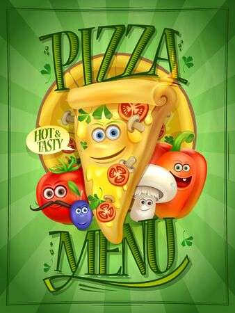 Pizza menu cover with cartoon personages - pizza slice and vegetables, kids menu templateのイラスト素材