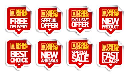 Order online stickers set - free and fast delivery, special offer, exclusive offer, new product, best choice, new arrivals and special saleのイラスト素材