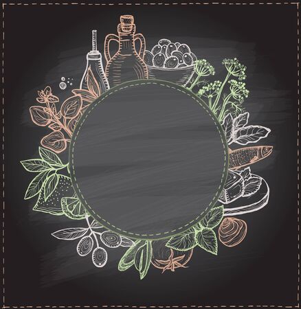 Graphic food frame against chalkboard with mediterranean traditional food ingredients - olive oil, vegetables, cheese, herbs and seafood. Round empty space for text, vector illustrationのイラスト素材