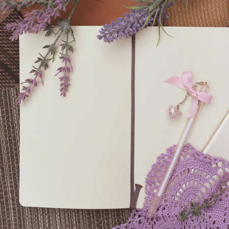 Mock up with diary and lavender flowers, outdoor flat lay photo, girlish secrets conceptの写真素材
