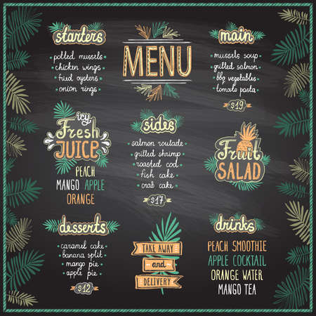 Tropic style menu chalkboard mockup with palm leaves, hand drawn letteringのイラスト素材