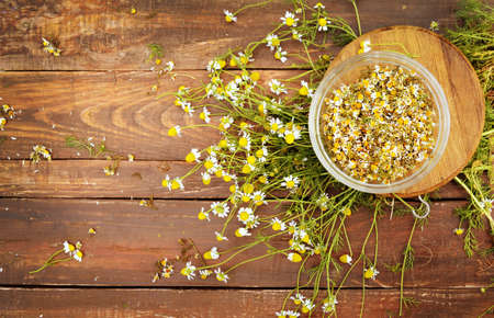 Organic camomile flowers on a wooden table, flat lay viewの写真素材
